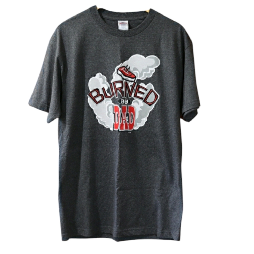 Burned by Dad Gray Graphic T-Shirt LG Funny Father's Day Novelty Tshirt